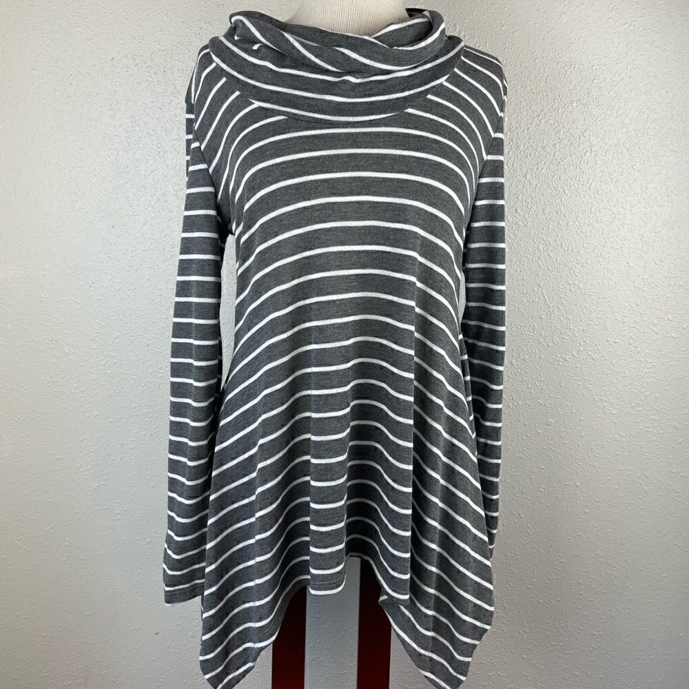 NWT Passports Gray and White Striped Tunic Top Size M EUC